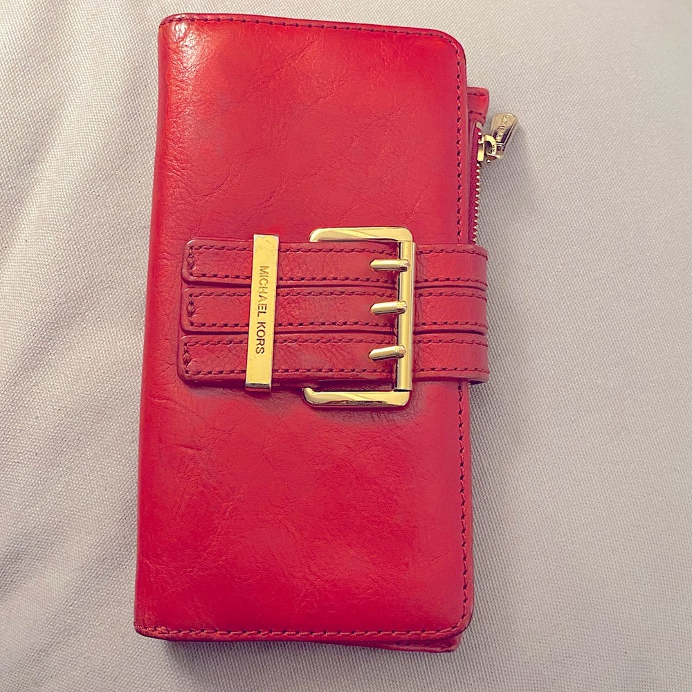 Red Leather Large Travel Wallet with Gold Hardware